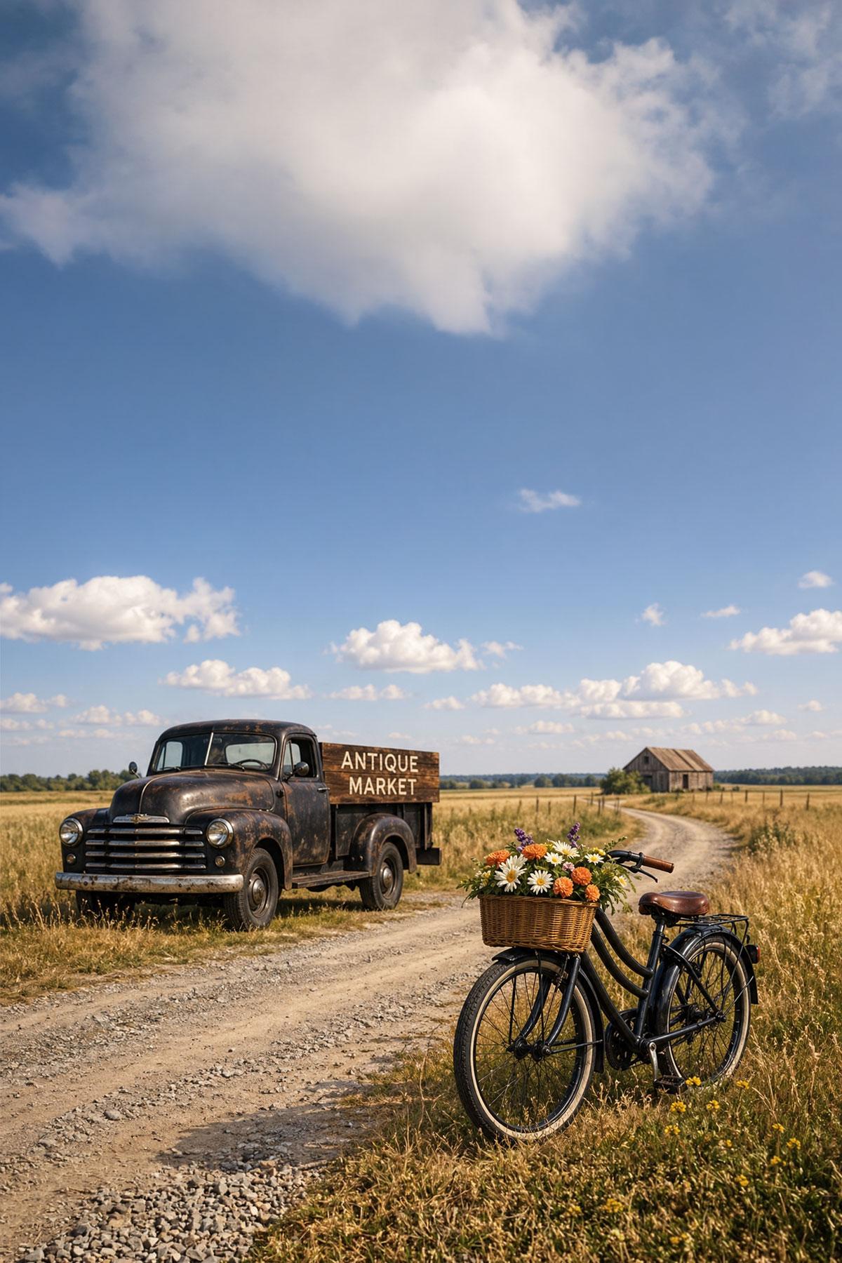 Old truck and antique bike with basket